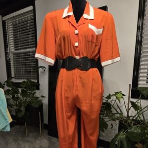 Vintage Red Jumpsuit with Black Belt and Short Sleeves